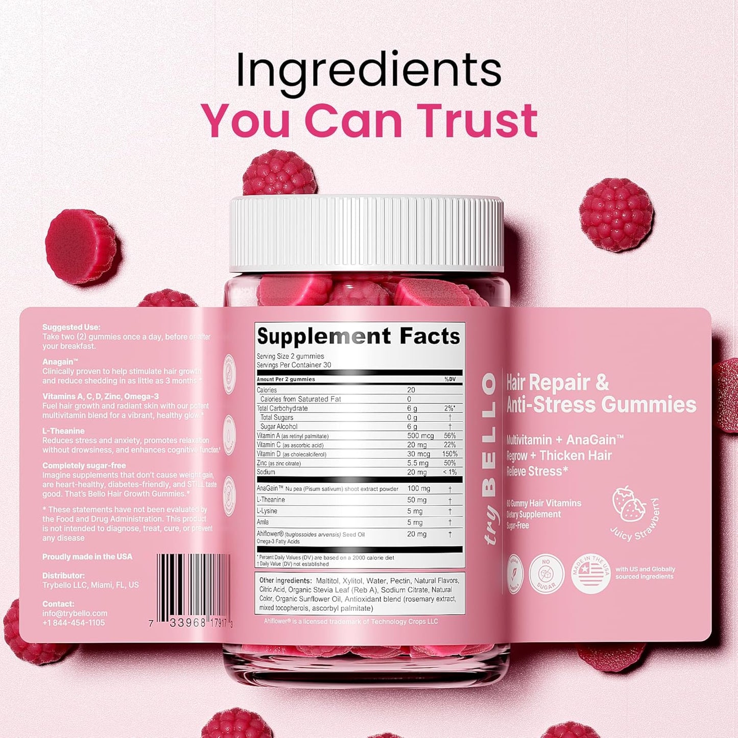 Trybello Anagain™ Hair Growth & Anti-Stress Gummies 3 bottles